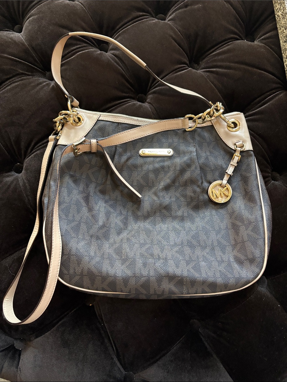 Michael Kors Dark Brown Signature Shoulder Bag with Beige Trim
